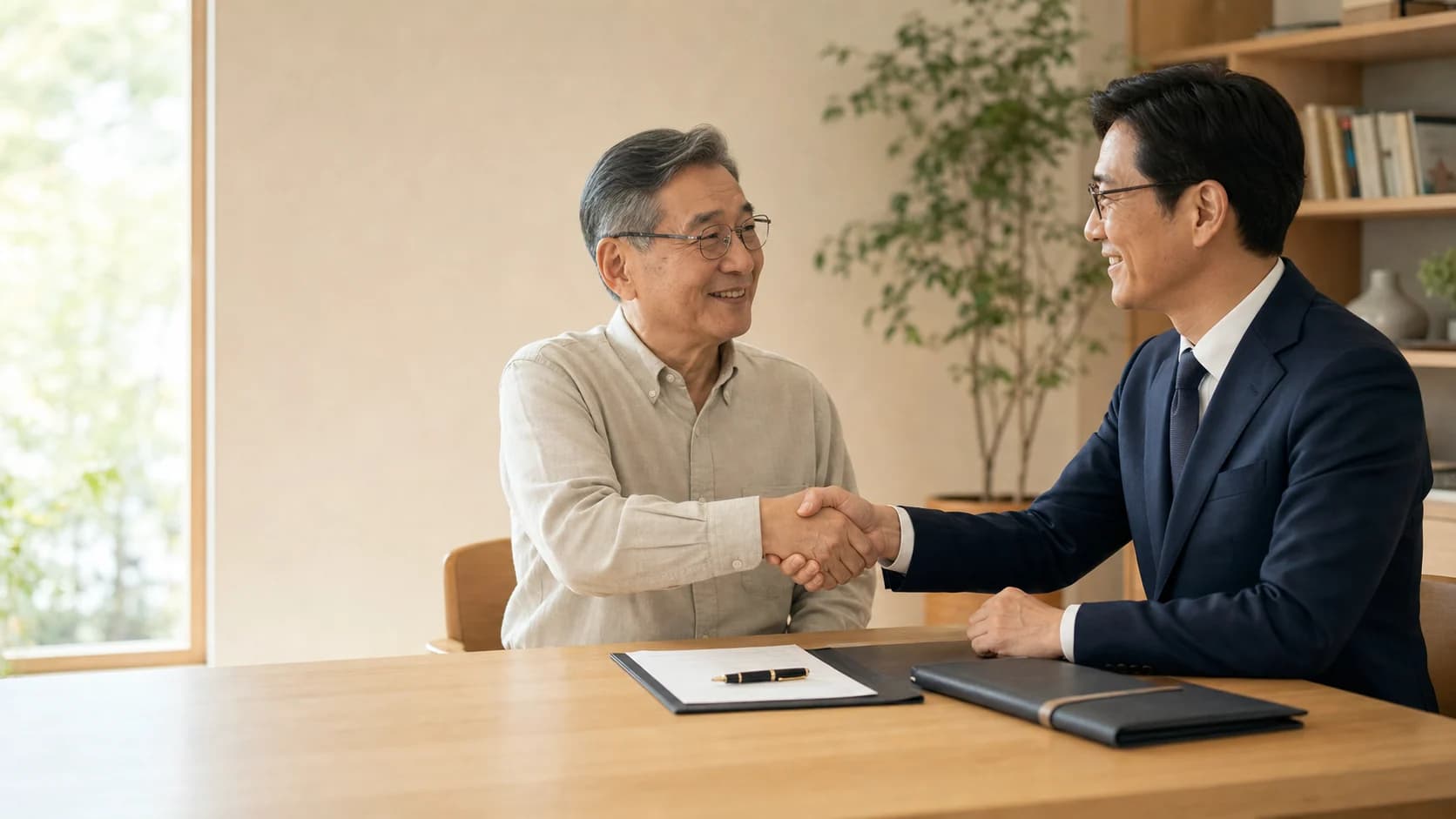 一位年長者完成文件簽署後，安心地與專業人士握手